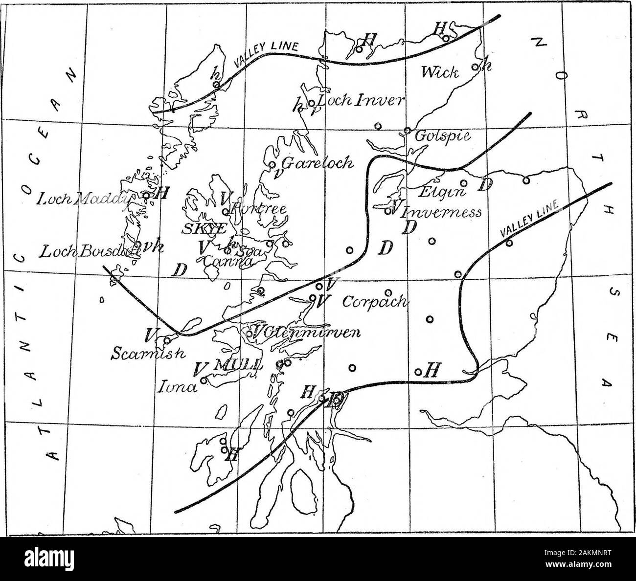 The Bakerian Lecture: A Magnetic Survey of the British Isles for the Epoch January 1, 1886 . Disturbance map of Scotland, from Mr. Welshs survey, 1857-58, SURVEY OF THE BRITISH ISLES FOR THE EPOCH JANUARY 1, 1886. 299 There are a few discrepancies in the direction of the Horizontal Forces, but thegeneral agreement and occasional differences will be better discussed when we deal, aswe are now about to do, with separate districts. We propose to treat of the resultsof the two surveys simultaneously, and we think we shall succeed in showing that,although it would have been impossible to draw our c Stock Photo