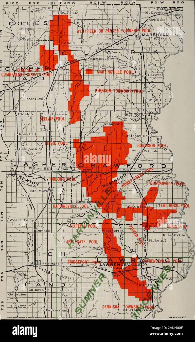 The oil fields of Crawford and Lawrence counties . MANZ-CHICAGO Map showing the oil and gas 