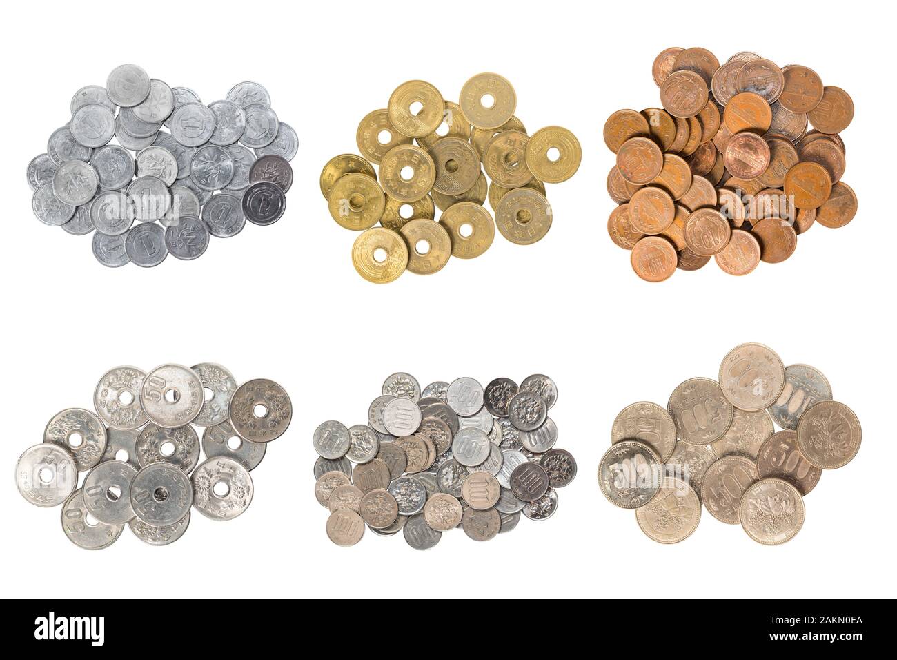 Pile of coins japanese money, close up on white background. Object with clipping path. Stock Photo