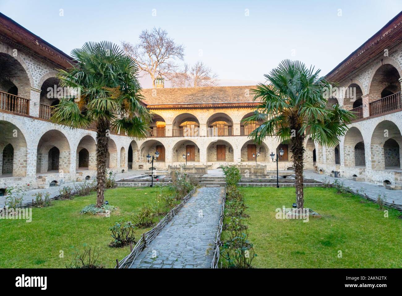 Sheki, Azerbaijan - December 2016:  Caravansaray courtyard view in Sheki. Caravansaray is a popular historical monument for visitors Stock Photo
