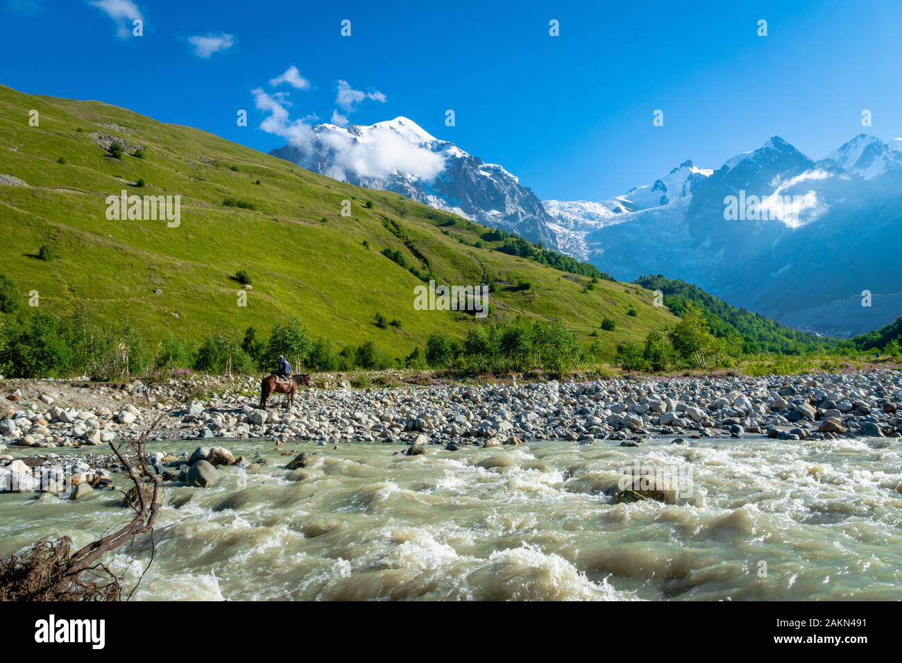 Svaneti landscape with mountains and river on the trekking and hiking route near Mestia village in Svaneti region, Georgia. Stock Photo