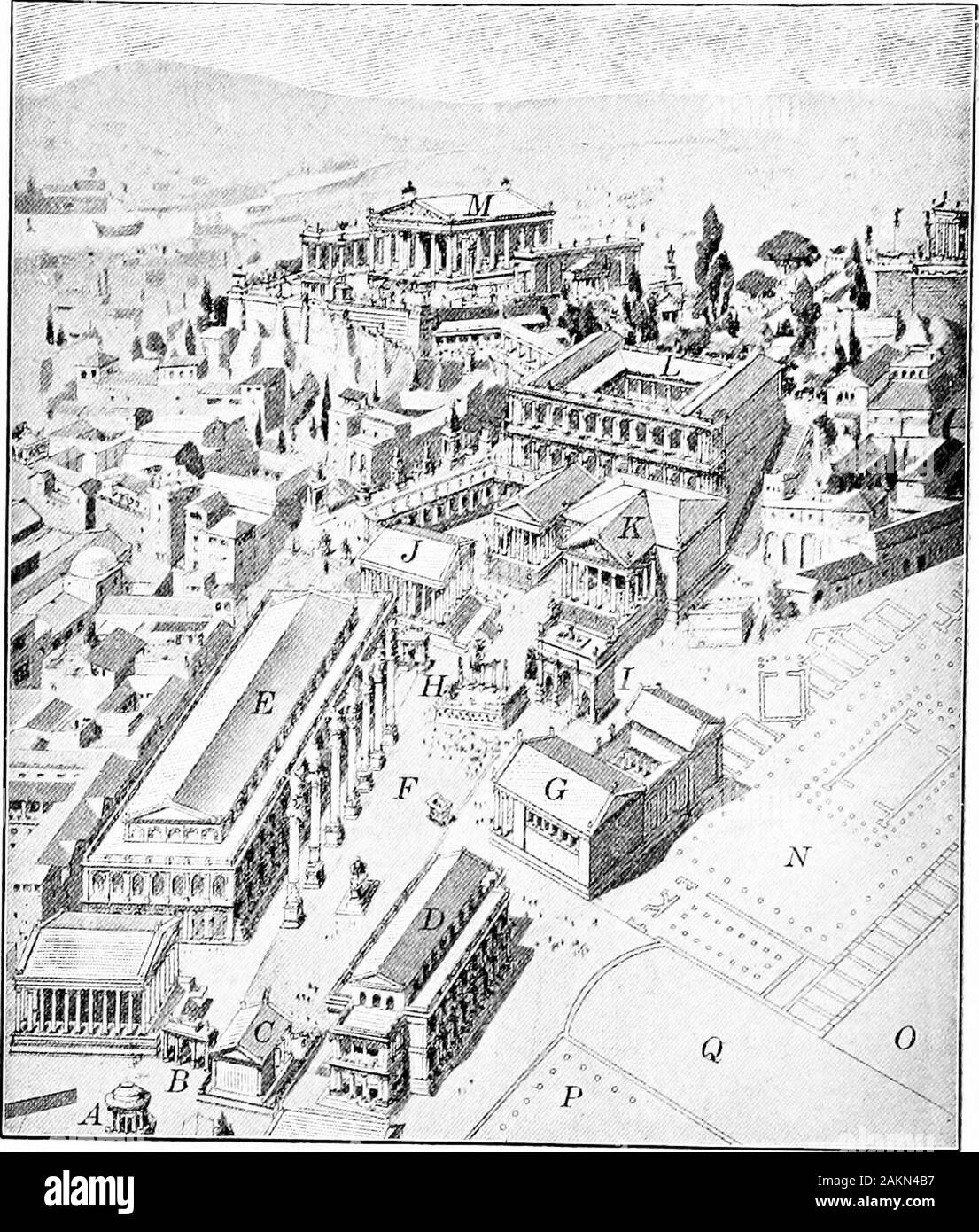 History of Europe, ancient and medieval: Earliest man, the Orient, Greece and Rome . Figs. 63 and 64. Sculptures of Hellenistic Pergamum Above (Fig. 63) is a Gallic trumpeter, as he sinks in death with histrumpet at his feet (§ 278). Below (Fig. 64) is a part of the friezearound the great altar of Zeus at Pergamum (Fig. 52). It pictures themythical struggle between gods and giants. A giant at the left, whoselimbs end in serpents, raises over his head a great stone to hurl it atthe goddess on the right (§ 278). Fig. 65. The Roman Forum and its Public Buildings in the Early Empire. (After Lucken Stock Photo