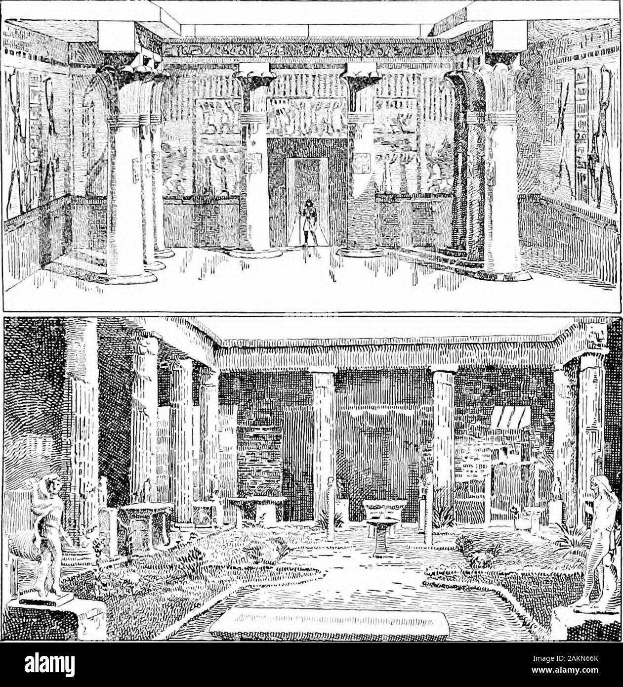 History of Europe, ancient and medieval: Earliest man, the Orient, Greece and Rome . oneach side of the atrium were added. Finally,under the influence of Greek life (§ 343), thegarden court {D and Fig. 60), with its surround-ing colonnaded porch (peristyle; cf. Fig. 51) anda fountain in the middle (E), was built at therear. Then a dining room, sitting room, andbedrooms were added, which opened on thiscourt, and, being without windows, they werelighted from the court through the doors. Intown houses it was quite easy to partition offa shop, or even a whole row of shops, alongthe front or side o Stock Photo