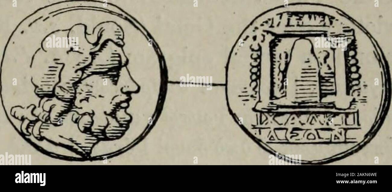 Zeus : a study in ancient religion . The Mountain-cults of Zeus 981 Mount  Kasion^.. Heliopolis {Baalbek), has obv. head of Zeus, laureate, to right,  rev. a temple with two columns, from