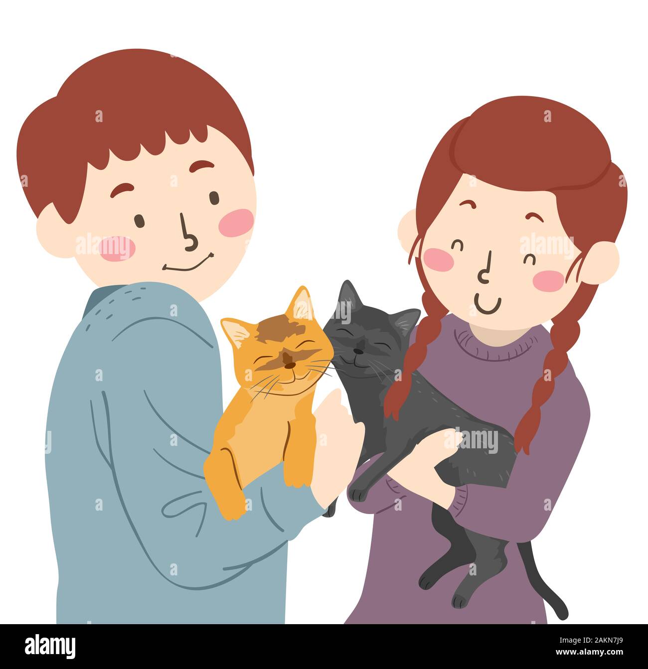 Illustration of a Teenage Girl and Guy Couple Introducing their Pet Cats to Each Other Stock Photo