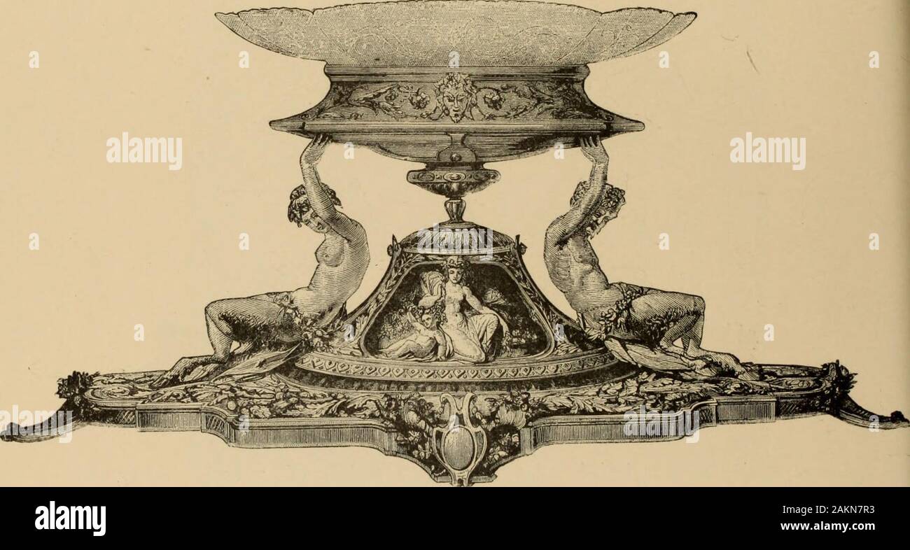 Examples of household taste . cessaryto convey the requisite amount of gas to the four burners. These latter arearranged about a circle of brass, ornamented with leaves and tendrils. Evensuch delicate enrichments as those are used sparingly, to avoid any appearanceof overloading, and weight, and, in order to give an appearance of greatersecurity four chains, suspended from the rosette at the ceiling, are fastenedto this band. 4i6 THE INTERNATIONAL EXHIBITION, 1876. The Carpet illustrated on page 413 was displayed by the manufacturers,Templeton & Co., of Glasgow, in their extensive exhibit at t Stock Photo