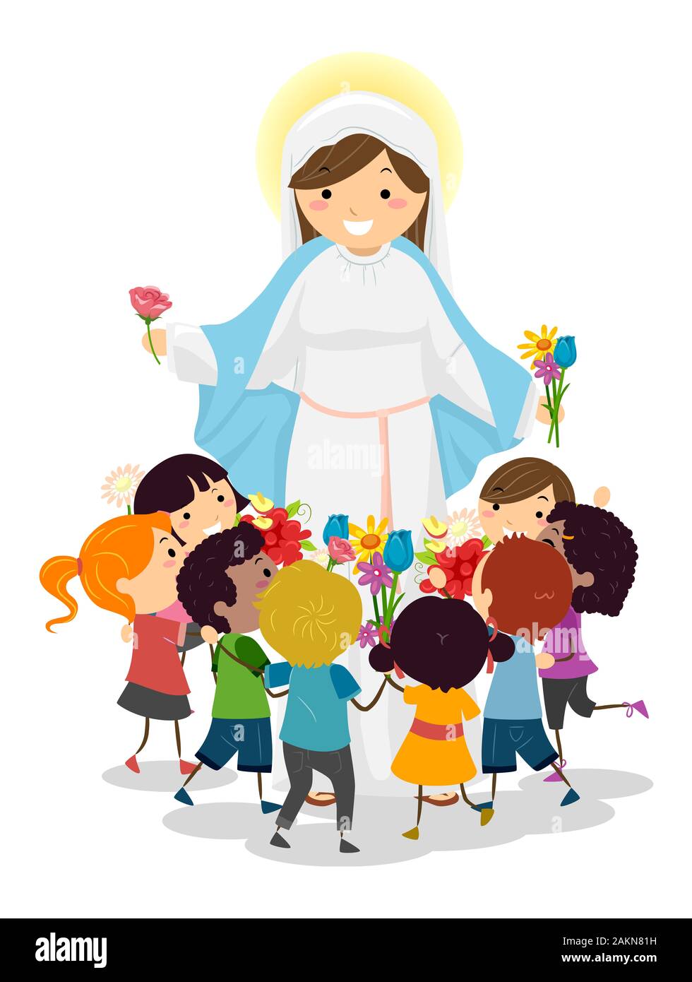 Illustration of Stickman Kids Giving Flowers to Mother Mary Stock ...