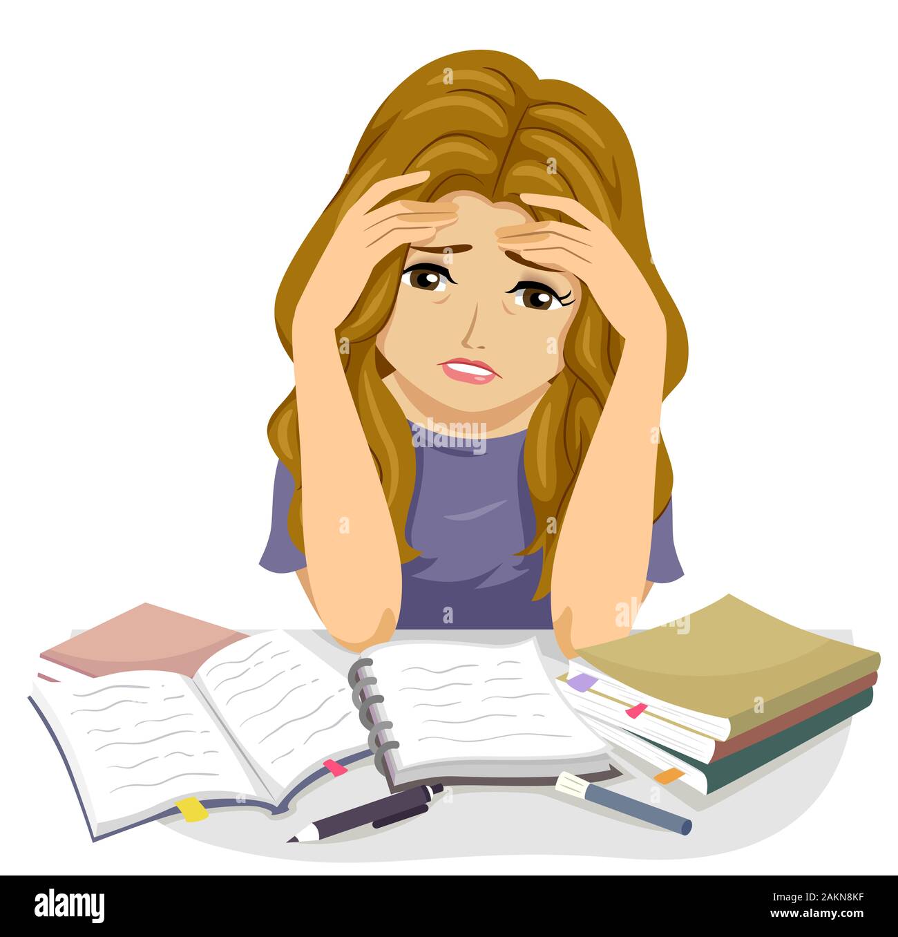 Illustration of a Stressed Teenage Girl with Hands on Forehead with Books  and Notes and Studying for an Exam Stock Photo - Alamy