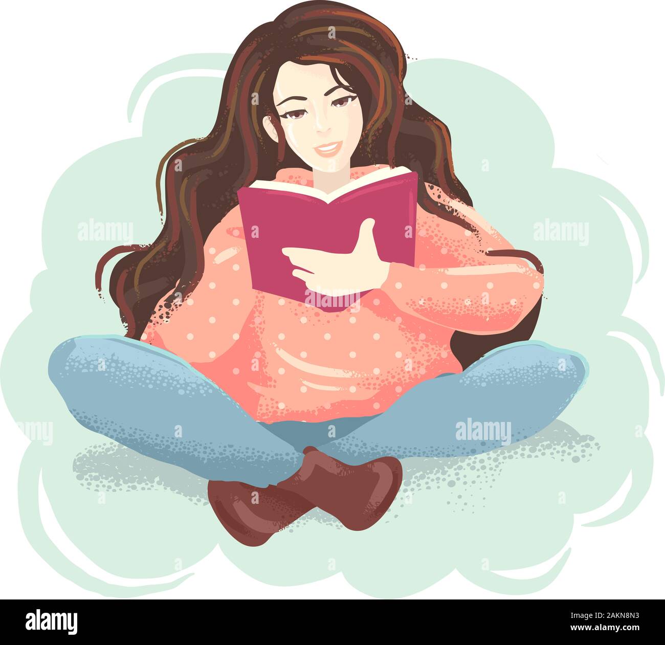 Illustration of a Girl Reading a Book and Sitting Down the Floor in ...
