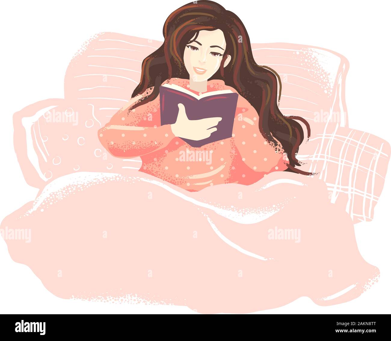 Illustration of a Girl Reading a Book In Bed Stock Photo - Alamy