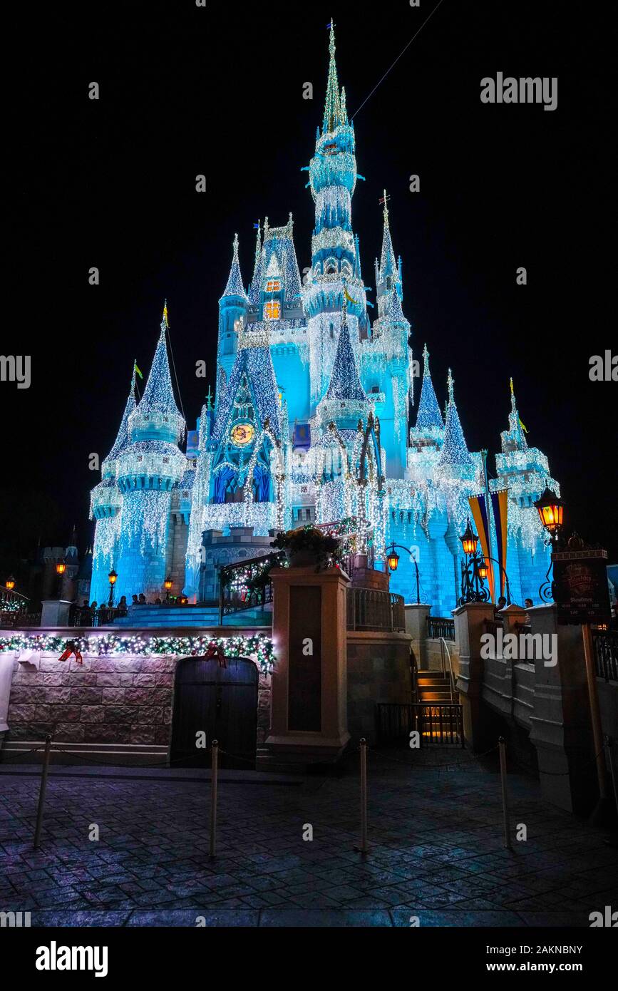 General view of Cinderella's Castle at night, in the Magic Kingdom during Christmastime in Orlando, Florida. Stock Photo
