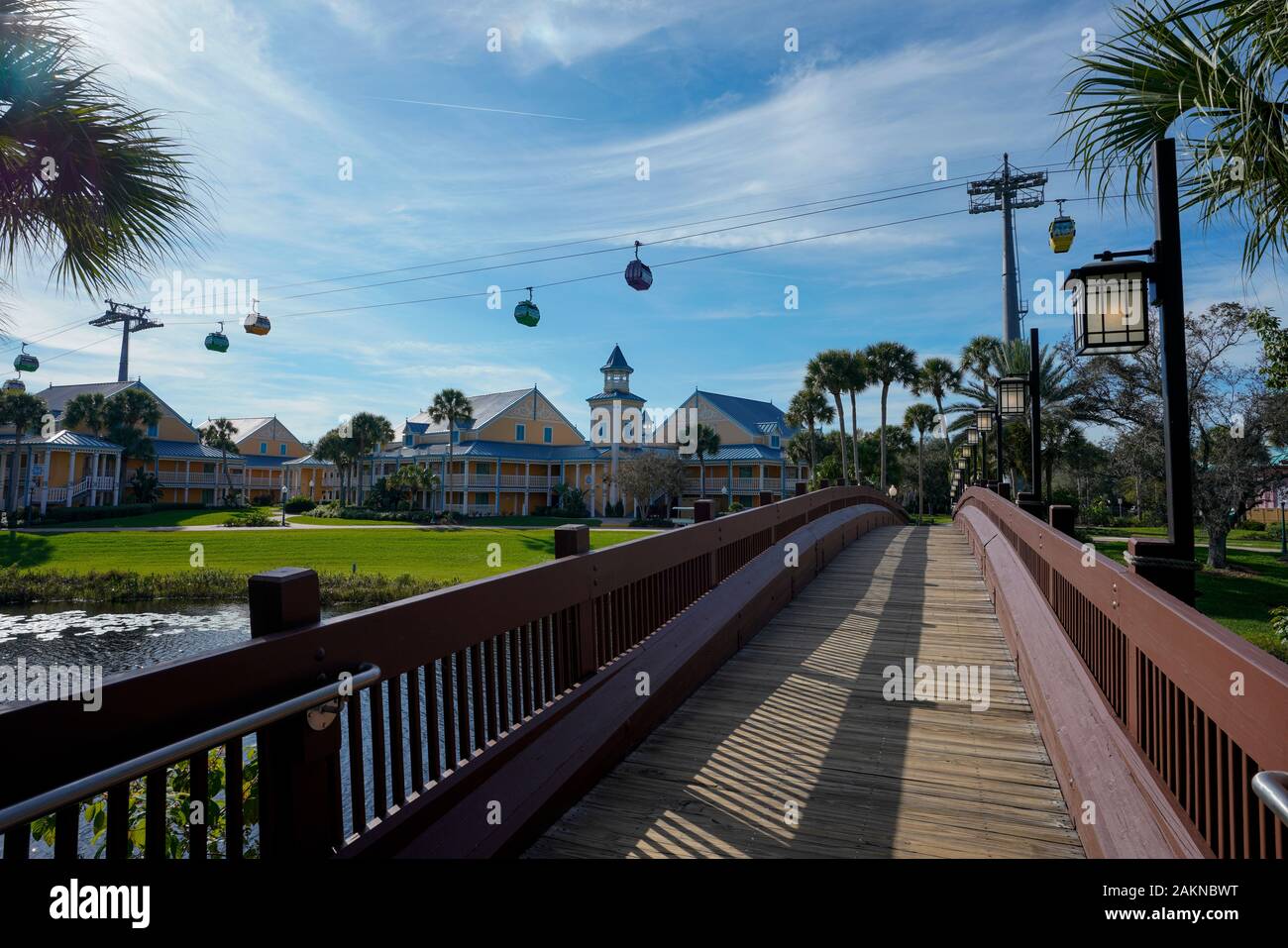 Walt Disney World Skyliner Transportation Gondola lift transports guests around Disney's Caribbean Resort and Riviera Resort in Orlando Florida. Stock Photo