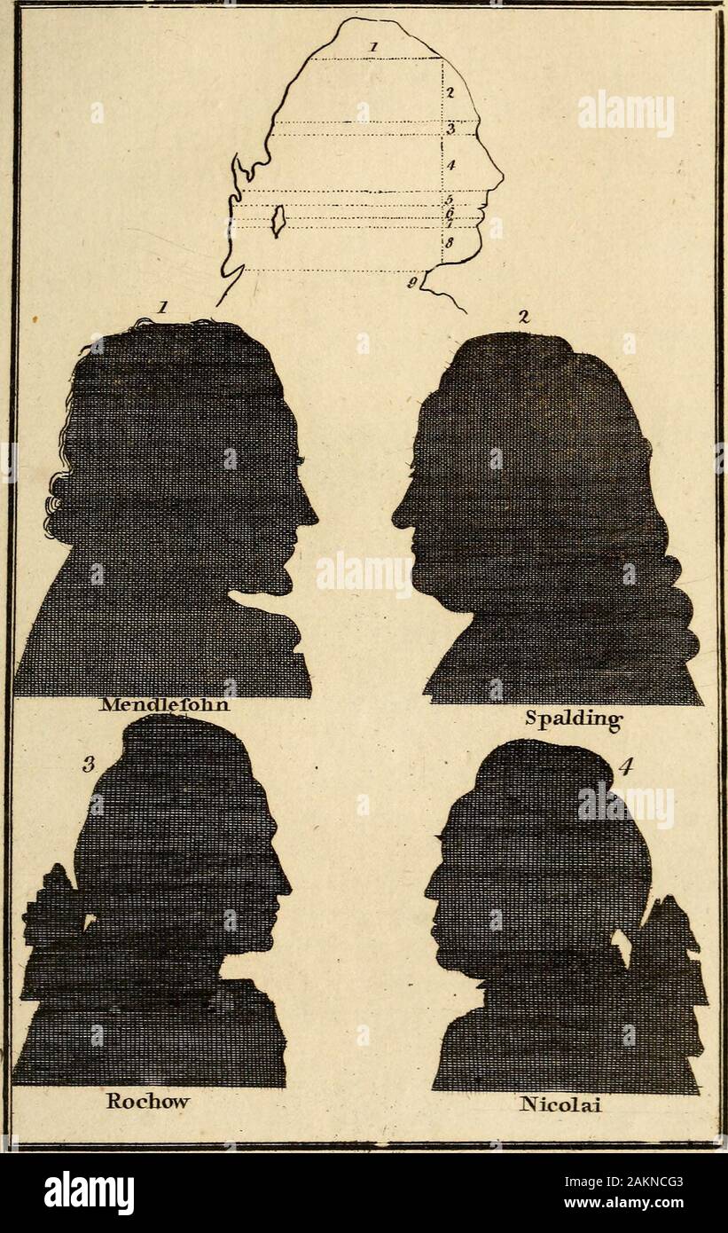 Essays on physiognomy; calculated to extend the knowledge and the love of mankind . ad than in thefmgle contour, angular and abrupt, of the point of the nofe. This remark will ftill excite a fmile; with all my heart. ButI appeal to connoifleurs whether it is well or ill founded. Vol. II. Z LECTURE «SSC=-==-r^= ?awa—aw LECTURE XVII, THE PRECEDING SUBJECT CONTINUED. c. SILHOUETTES OF MENDLESOHN, SPALDING, ROCHOW, AN9 nicolai«—See the Plates* HERE are four profiles of diftinguifhed perfonages: their fupe-riority of talents are well known, and it is extremely apparent inthefe filhoue te&. To be ca Stock Photo