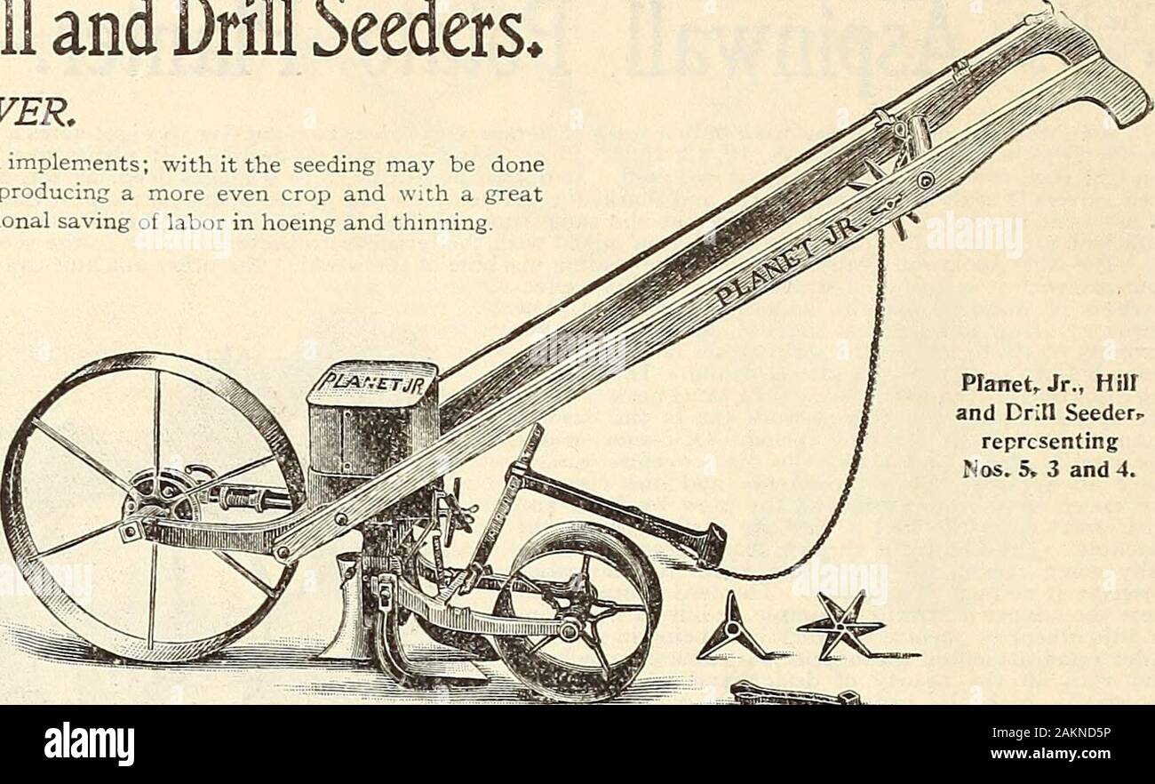 Wholesale catalogue of seeds, implements, fertilizers, insecticides for market gardeners and truckers : spring 1905 edition . Planet, Jr., Hiirand Drill Seeder, representingNos. 5. 3 and 4. A^Tvl- Prices Planet Jr. Hil! and Drill Seeders. Wheel. Capacity. Price. No. 5 Seeder. A special lar?e size for market gar-deners, farmers, sugar beet and onion growersetc No. 3 Seeder. The popular size for market gardensand large private and hotel gardens No, 4 Seeder. The favorite size for family gardens andsmall market gardens No. 4 Seeder, combined with Single Wheel floe OutfitNo. I 7, as described on t Stock Photo
