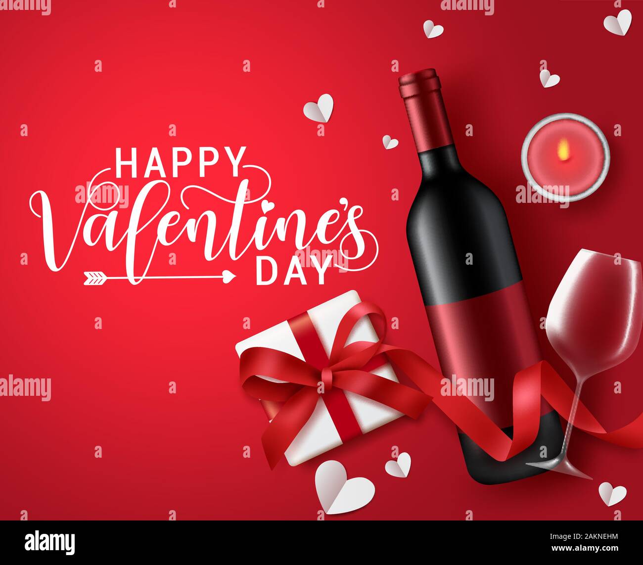 Valentines dating wine vector banner. Happy valentines day greeting text with dating champagne, wine glass, candle light and gift elements. Stock Vector