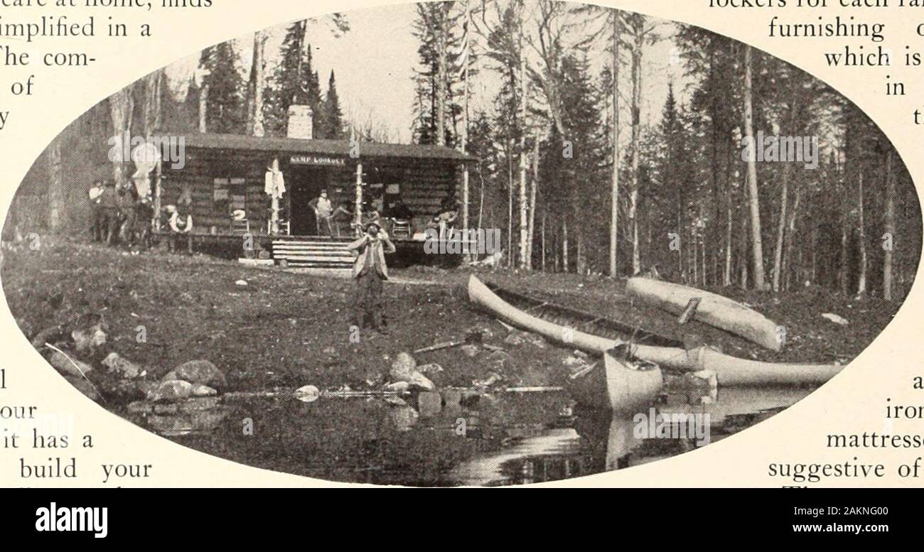 American homes and gardens . LL over this broad land the summer campis gaining favor. Under the shadow ofmighty rocks, in clearings in the heart ofdense woods, by mountain streams and alongthe sea coasts summer camps and lodges havesprung up and multiplied rapidly in a few years. Men tired with the strain of business or professional life find real rest in these unconventional dwelling places near to Natures heart. Boys and girls seem to return by an unseen step into their native element, while the busy housewife, if she can not leave all care at home, finds at least her burdens simplified in a Stock Photo