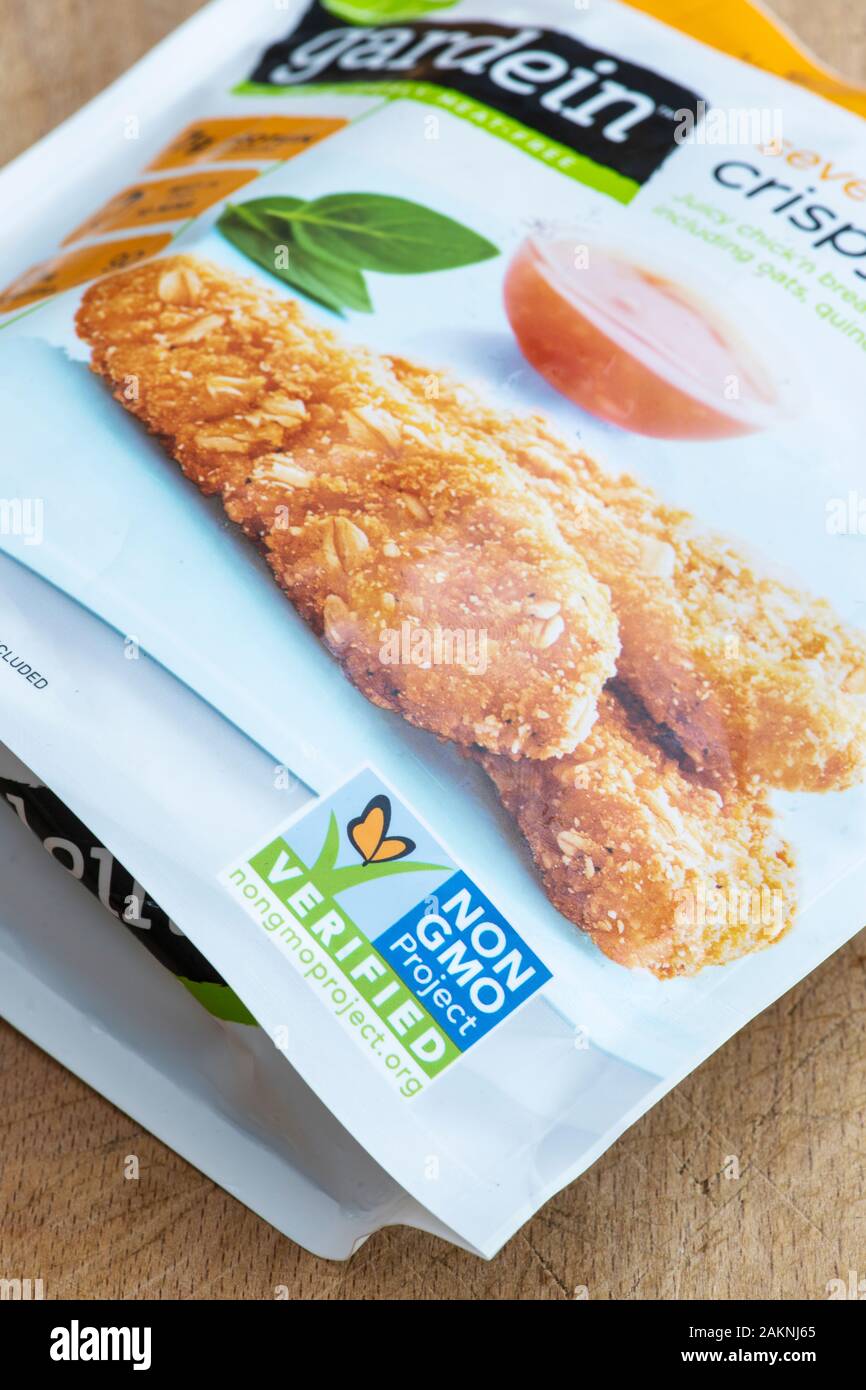 Gardein. Plant based food. Crispy chick’n strips. Non gmo project label vegan product. UK Stock Photo