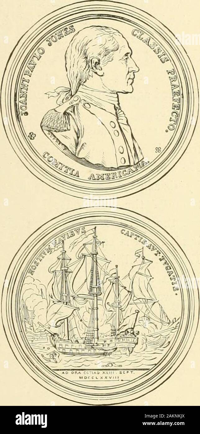 Makers of the world's history and their grand achievements . - unu.5c.al circumstances.. MEDAL AWARDED TO JOHN PAULJONES BY CONGRESS. 12} JOHN PAUL JONES. The arrival of Jones and his prizes in the Texel excited muchinterest in the diplomatic world. The English demanded that the prizessliould be released and Jones himself given up as a pirate. The DutchGovernment, though favorable to the Americans, was not prepared forwar, and therefore temporized. A long correspondence ensued, and thefollowing expedient was adopted. The Serapis, which had been refitted,was transferred to France, as was the Sc Stock Photo