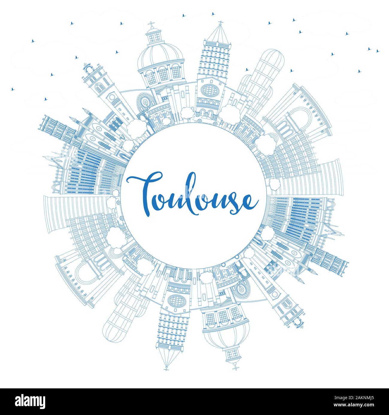 Outline Toulouse France City Skyline with Blue Buildings and Copy Space. Vector Illustration. Business Travel and Tourism Concept. Stock Vector