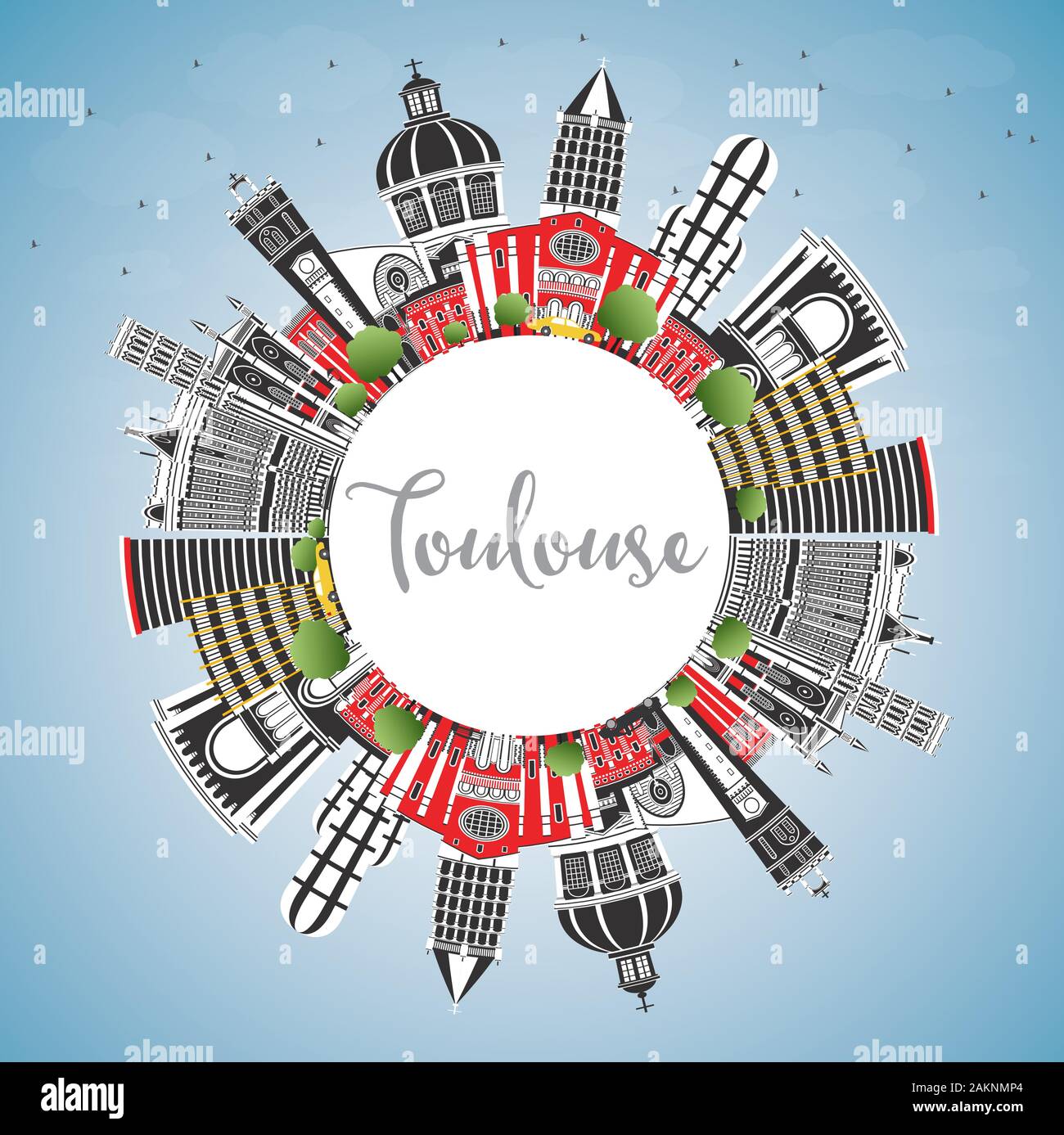 Toulouse France City Skyline with Color Buildings, Blue Sky and Copy