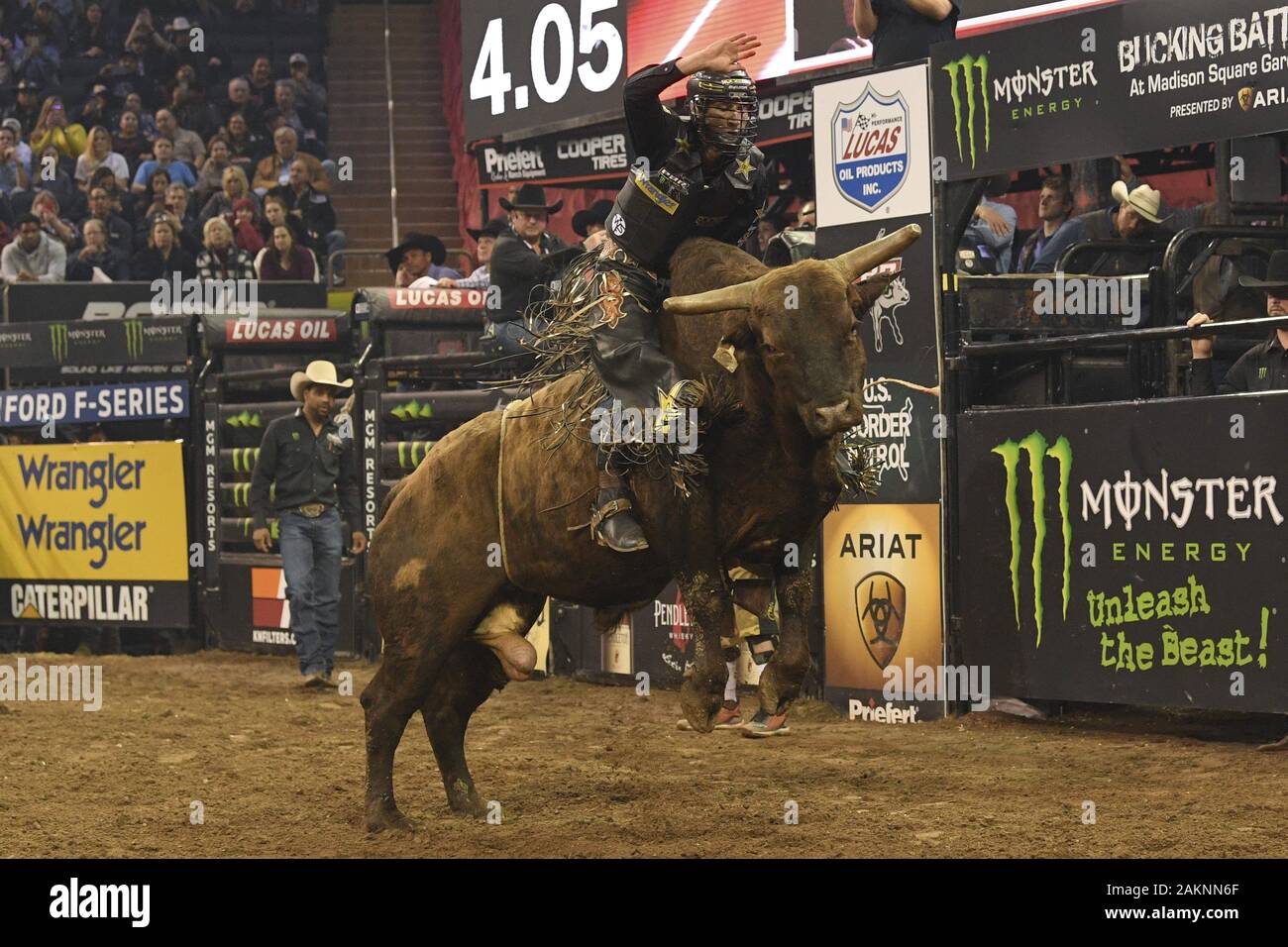 New York, USA. 4th Jan, 2020. Colten Jesse rides Hitman during the Professional Bull Riders 2020 Season Launch at Madison Square Garden in New York City. Credit: Ron Adar/SOPA Images/ZUMA Wire/Alamy Live News Stock Photo