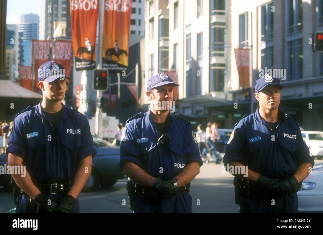 POLICE ON STANDBY DURING A PROTEST THROUGH THE STREETS OF SYDNEY, NEW SOUTH WALES, AUSTRALIA. Stock Photo