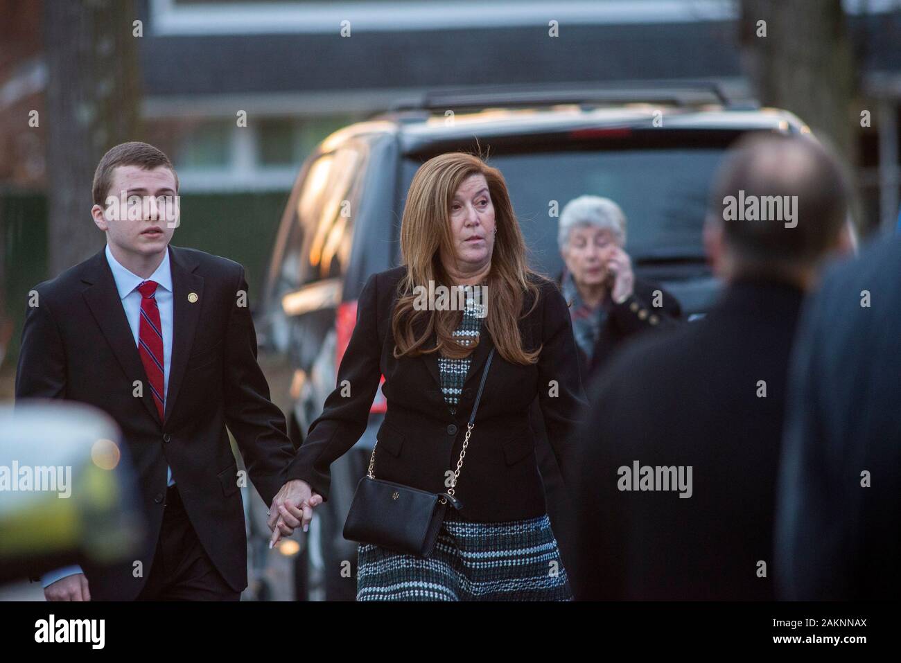Levittown, United States. 09th Jan, 2020. Mourners exit the church after paying their respects