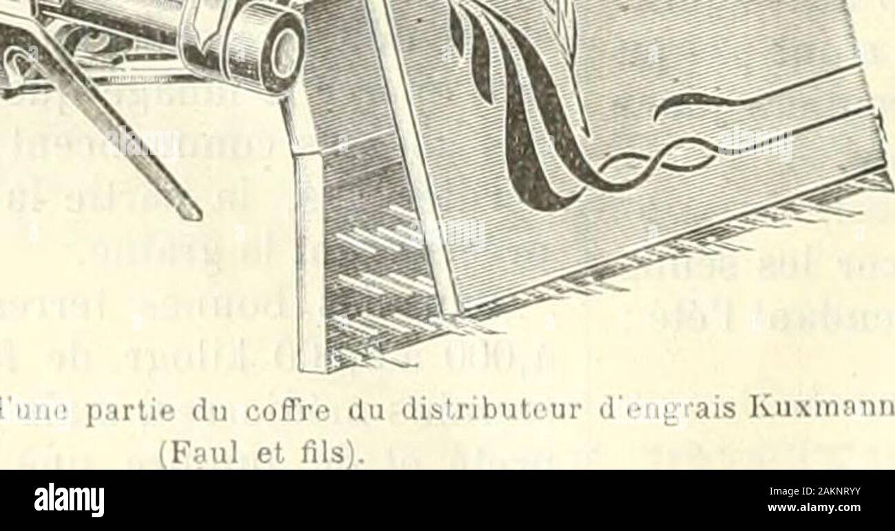 Journal d'agriculture pratique . Paris), E. Robillard (GrandPlace, Arras, Pas-de-Calais), L. Caucliepin (Bernay, Euie). lu n mars, pafxe 356. I.e distributeur dengrais, système Ivuxmanu,exposé par MM. Kaul, comporle un coffre K(fig. ô4%dont la paroi postérieure S 1 est animéedun lent mouvement horizontal rectiligne alter-natif communiqué par manivelle et bielle e; cedisposilif a pour but déviter quelengrais se prenne en masse etforme voûte au-dessus de lorganede distribution; ce dernier estconstitué par des lames obliquesfixées aux maillons dune chaînesans fin f;, guidée en n et tendueentre de Stock Photo