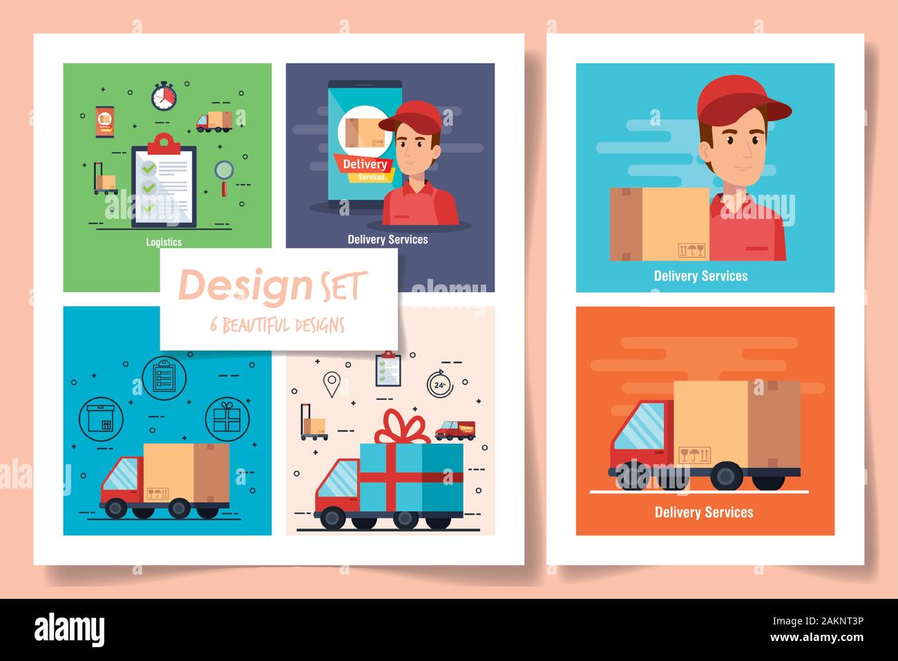 six designs of delivery service with workers and icons Stock Vector ...