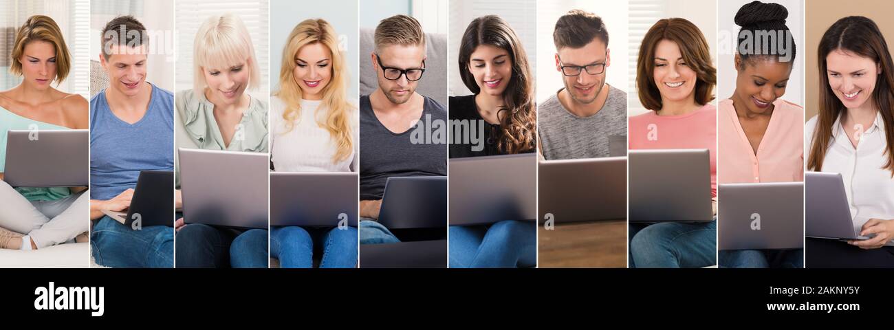 People Shopping On Laptops Collage. Diverse Group Of People Portraits Stock Photo