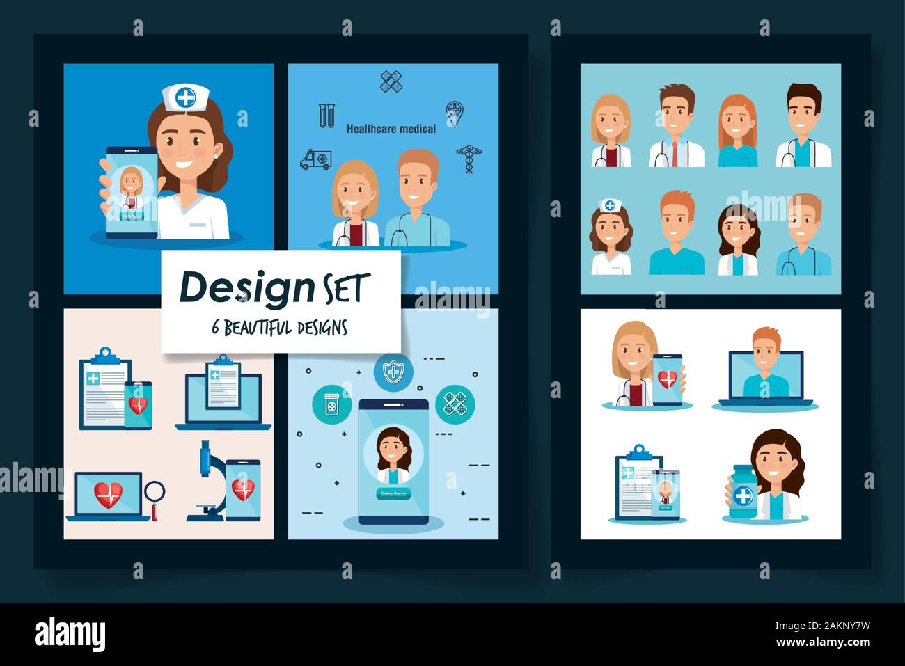 six designs of healthcare medical with doctors and icons Stock Vector ...