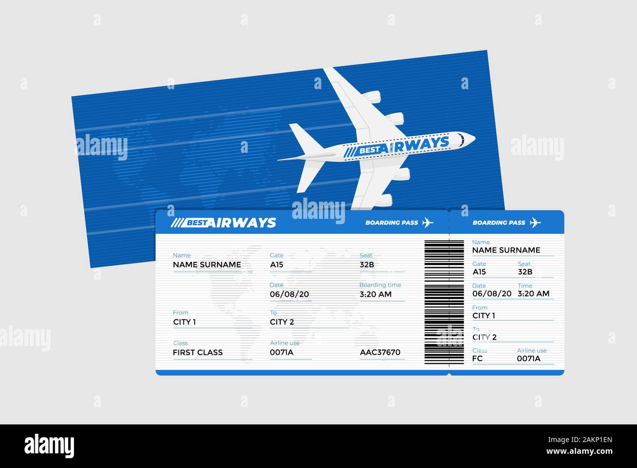 Realistic flight airline ticket boarding pass design template with passenger name and barcode. Air travel by airplane blue color document vector illustration Stock Vector