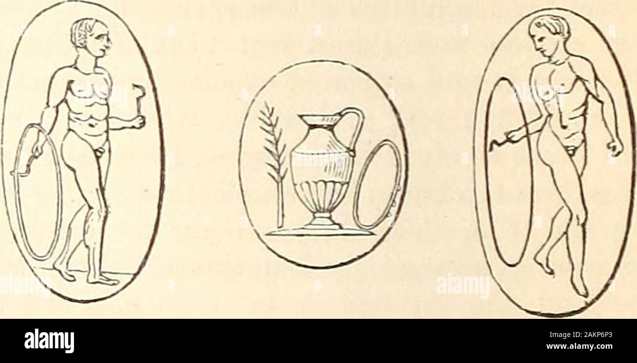 A dictionary of Greek and Roman antiquities.. . hoop. The Greekboys used to exercise themselves like ours withtrundling a hoop. It was a bronze ring, and hadsometimes bells attached to it. (Mart. xi. 22. 2,xiv. 168, 169.) It was impelled by means of ahook with a wooden handle, called clavis (Propertiii. 12), and 4arrip. From the Greeks thiscustom passed to the Romans, who consequentlyadopted the Greek term. (Hor. Carm. iii. 24. 57.)The hoop was used at the Gymnasium (Propert.I. c. ; Ovid. Trist. ii. 485) ; and, therefore, on oneof the gems in the Stosch collection at Berlin,which is engraved Stock Photo
