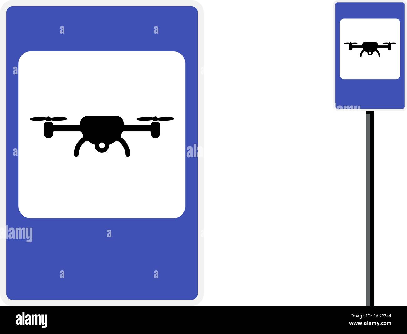 Drone zone blue rectangular roadsign for quad copter city transport. Vector unmanned flight aerial vehicle traffic regulation road sign illustration Stock Vector