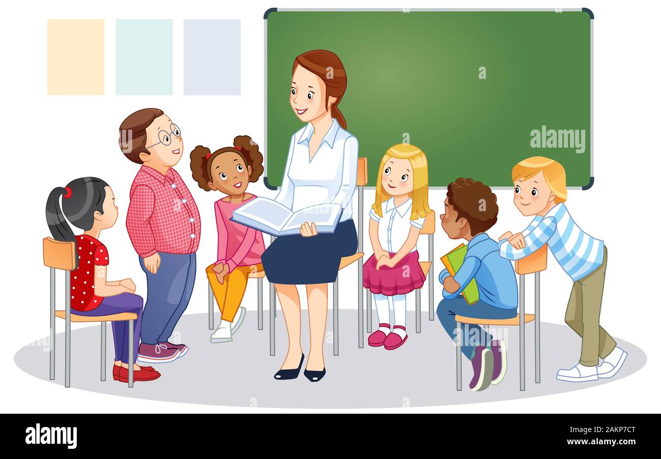 Teacher at blackboard in classroom with children. Cartoon vector isolated illustration Stock Vector