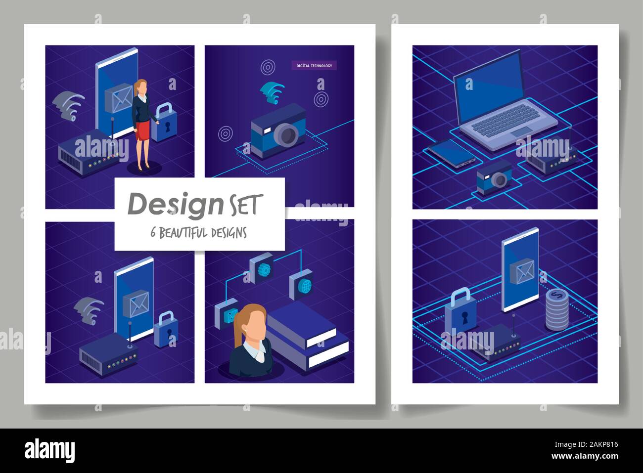 six designs of digital technology with business women Stock Vector ...