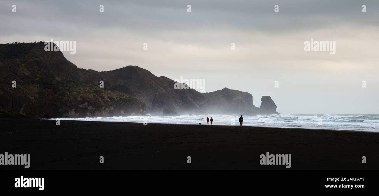 People walking the dog at Te Henga (Bethells Beach),west Auckland, New Zealand Stock Photo