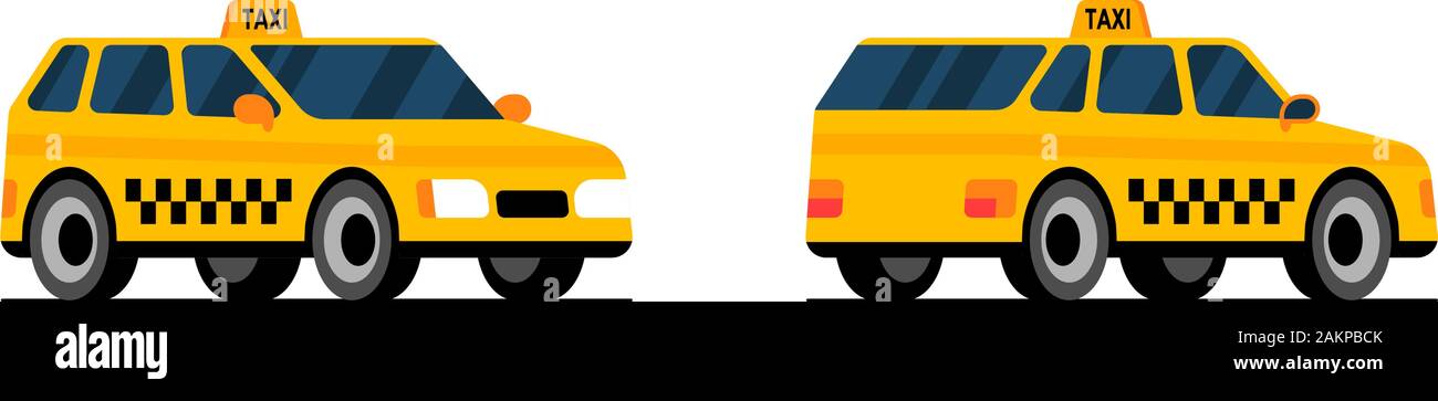 Taxi car front and back side perpective view. Yellow cab city service transport set flat vector cartoon style illustration Stock Vector