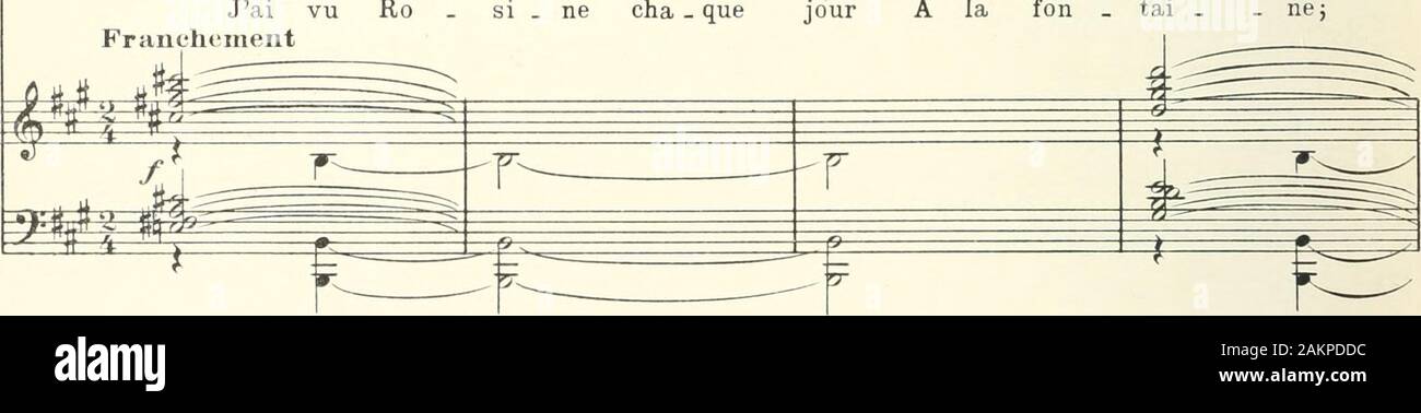 La forêt bleue; conte lyrique en 3 actes, d'apres les contes de PerraultPoëme de Jacques ChenevìerePartition pour chant et piano réduite par l'auteur . ? ^ i j- I r^j ^ Jai vu Ro« pleine voix si   ne cha   que jour A la fon   tai ne: ^^^^^^^^^^^^ mm Jai vu Ro à pleine voix si   ne cha   que jour A la fon   tai ne; f ff p I p- -^E^EEf È P ^ ^ Jai vu RoFrauchiineiit si . ne cha - que A la fon -. ,UN MOISSONNEUR avec Us Ténors tl V ,rj I |J J f M I J M. I n I I-. ^ ,.^ Elle y cueil   lait pour ses a   mours La mar.jo 3 . lai . ne. m m ^ Son a - mi * P ^ P E ^ ?=^^g f ^ ;y ^ S Elle y cueil . lait Stock Photo