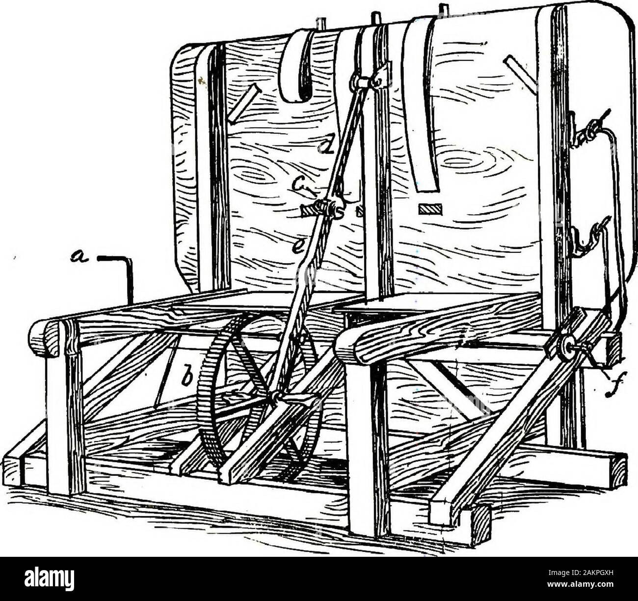 Restraint of domestic animals; a book for the use of students and practitioners; 312 illustrations from pen drawings and 26 half tones from original photographs . Kyle Bros. Operating Table; Upright Position, Front andEnd View. a radical slot, which lies in the path of the opposite free crankon master gear-wheel, and as this wheel turns around the freecrank enters this slot in hinge and springs the hinge, which is soarranged as to grasp the crank, making it perfectly safe and adirect, quick and easy lift from the edge of the table. Theplatform is of 2-inch plank, 9 feet long and 21/^ feet wide Stock Photo