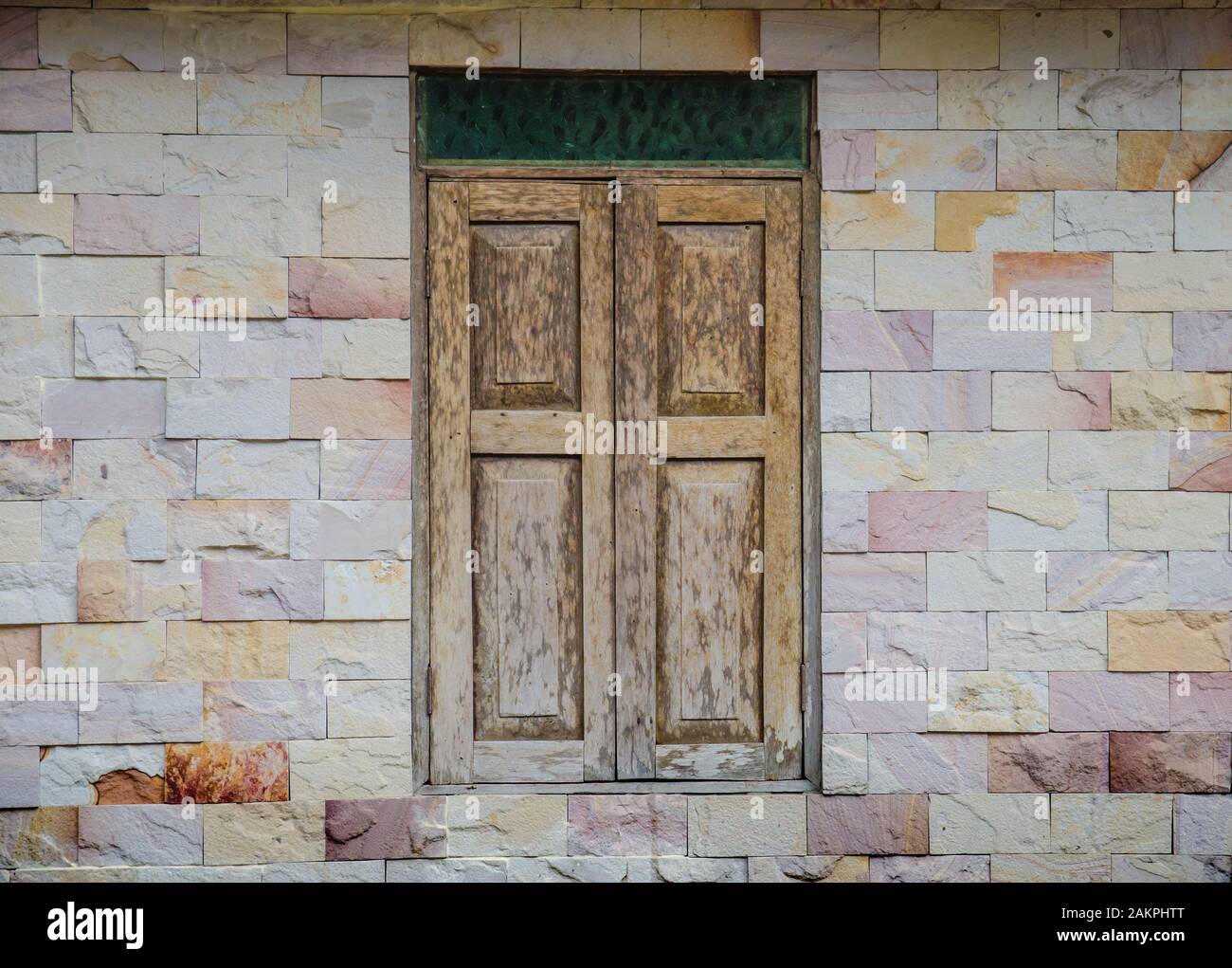 wooden window on stone wall Stock Photo - Alamy