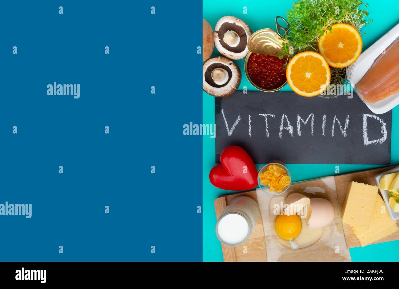 Products containing vitamin D on blue background, top view Stock Photo