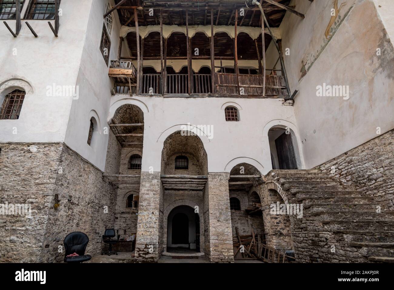 Facade of a medieval house in Gjirokaster, Albania Stock Photo Alamy