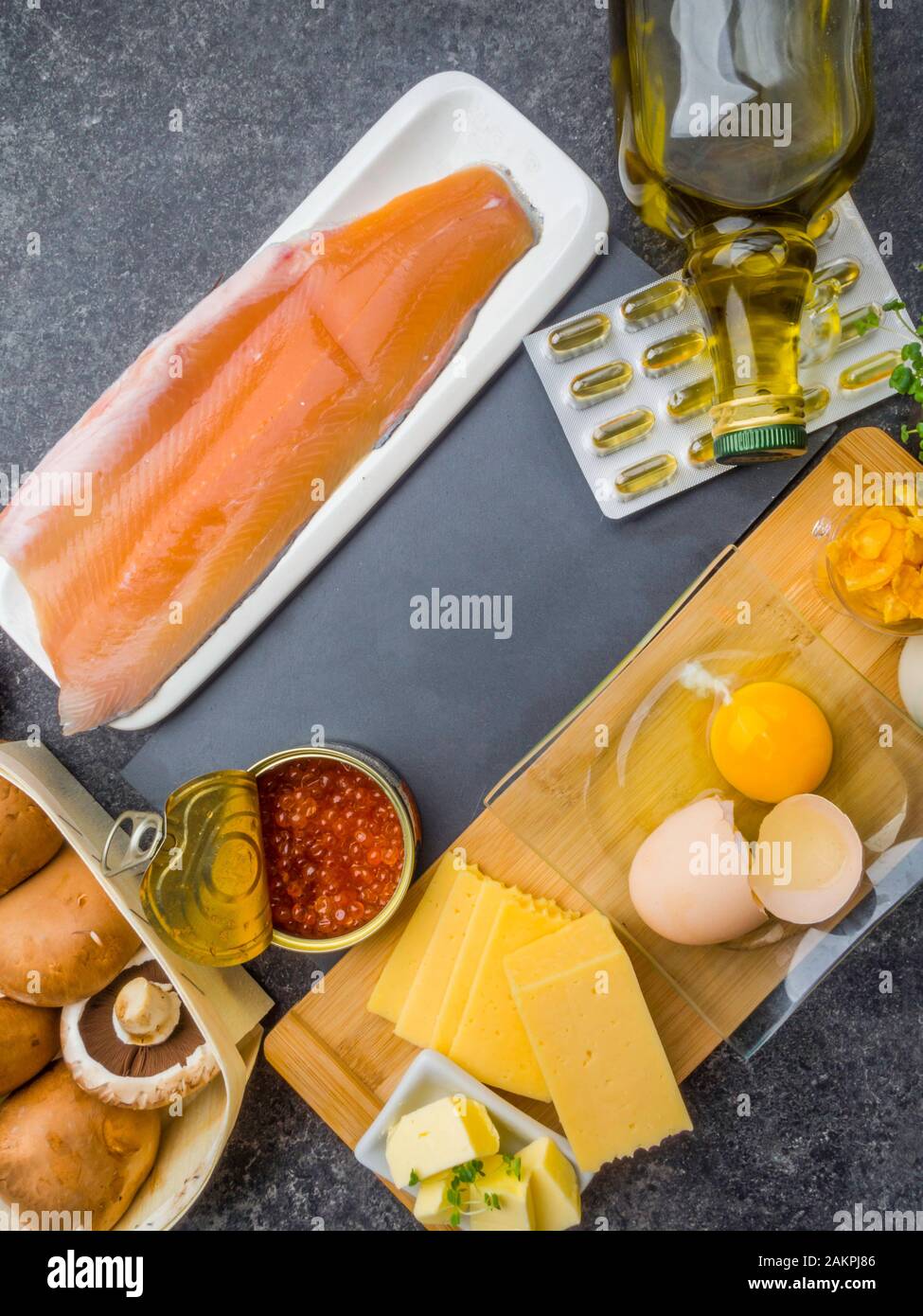 Food sources of vitamin D, including fish, egg, dairy, mushrooms