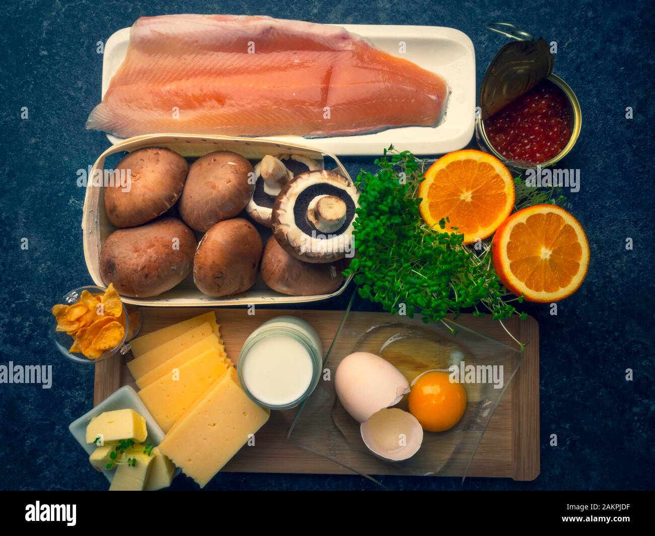 Foods containing vitamin D fish, caviar, orange, micro greens, cheese, eggs, mushrooms, milk