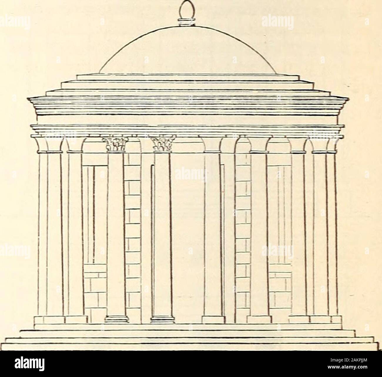 A dictionary of Greek and Roman antiquities.. . TEMPLUM. II. The Peripteros had a circular cella sur-rounded by a single peristyle of columns, standingon three steps, and the whole surmounted by adome. Specimens are preserved in the so-calledtemples of Vesta at Rome (see wood-cut on p. 299)and at Tivoli.. Stock Photo