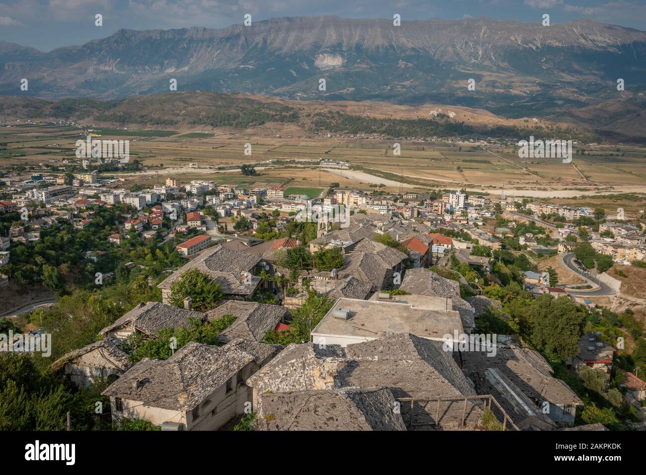 Overlooking view of medieval houses in Gjirokaster, Albania Stock Photo ...