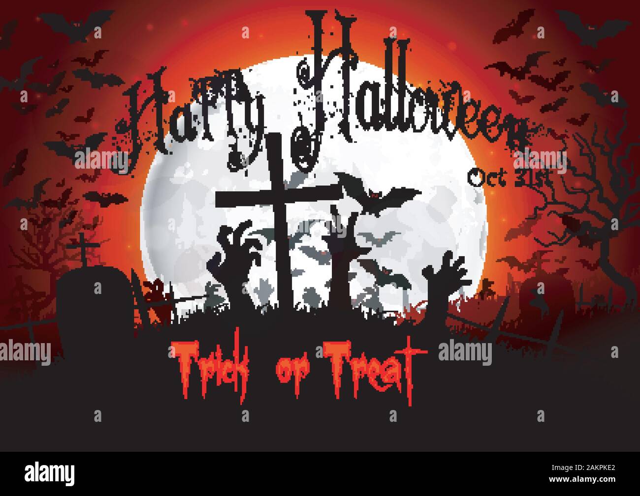 Halloween grave on full moon background hand and bats. vector Stock ...