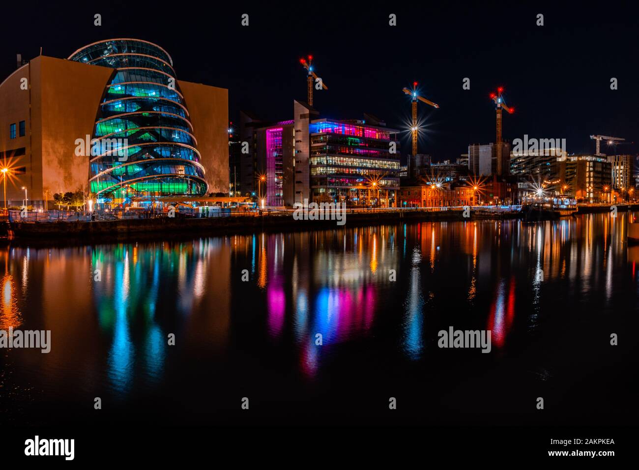 Dublin city at Night, lights reflecting off the River Liffey.Office