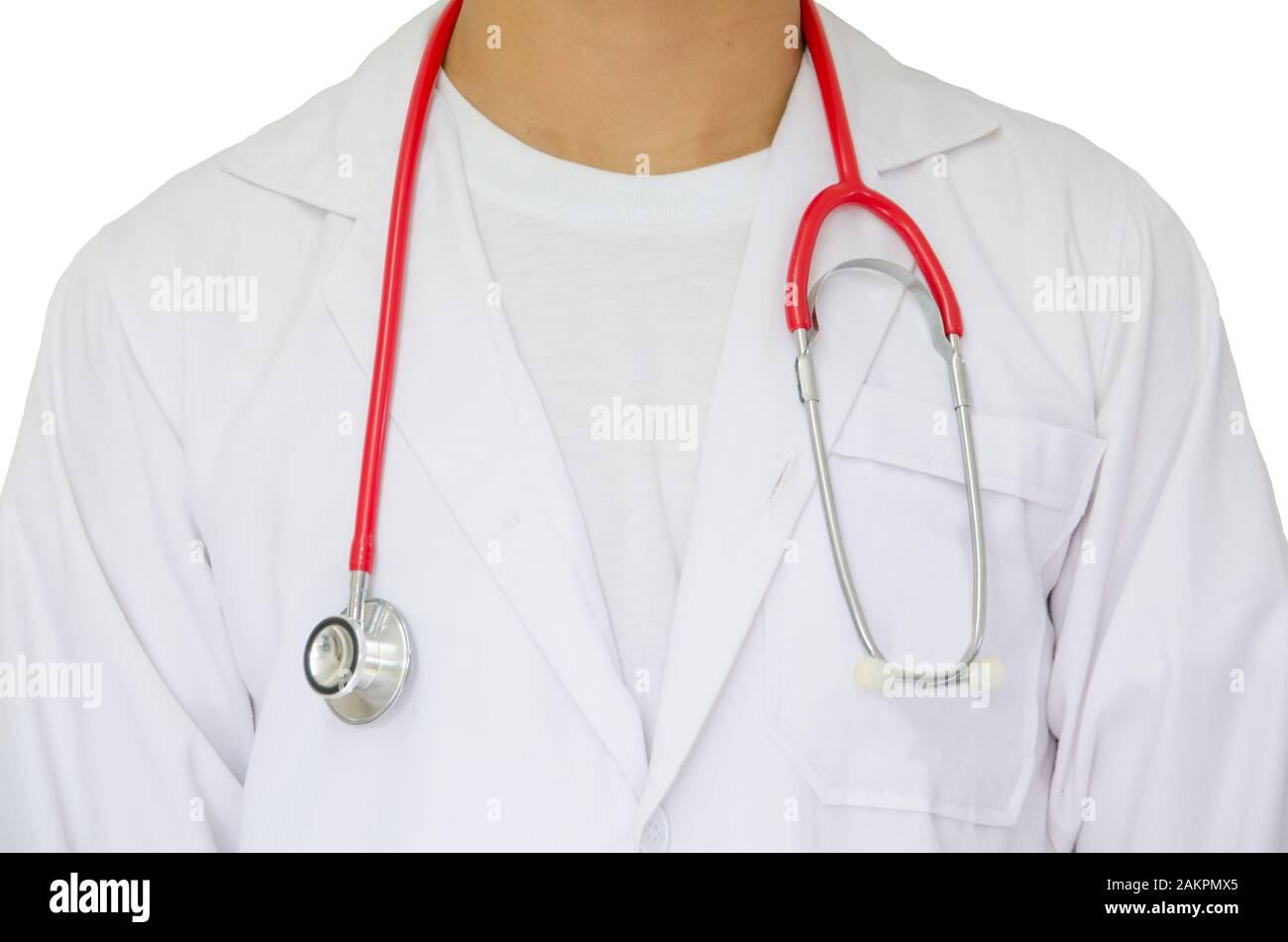 doctor in white coat and red stethoscope hang on his neck in center Stock Photo Alamy